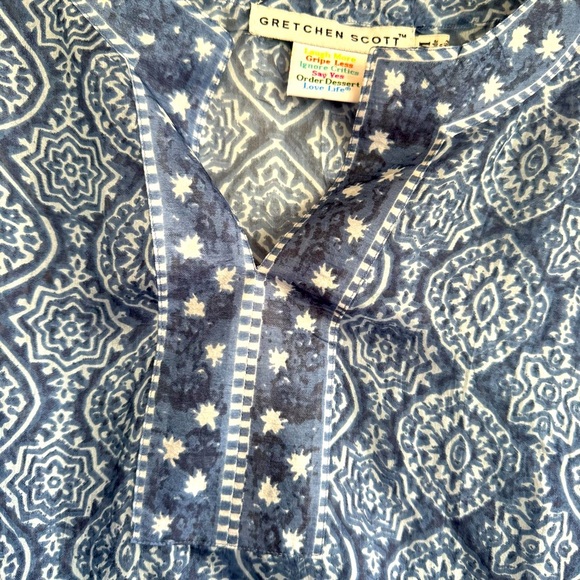 Gretchen Scott 100% Silk Grecian Blue and White Split Hem Tunic Size Medium - Picture 6 of 9